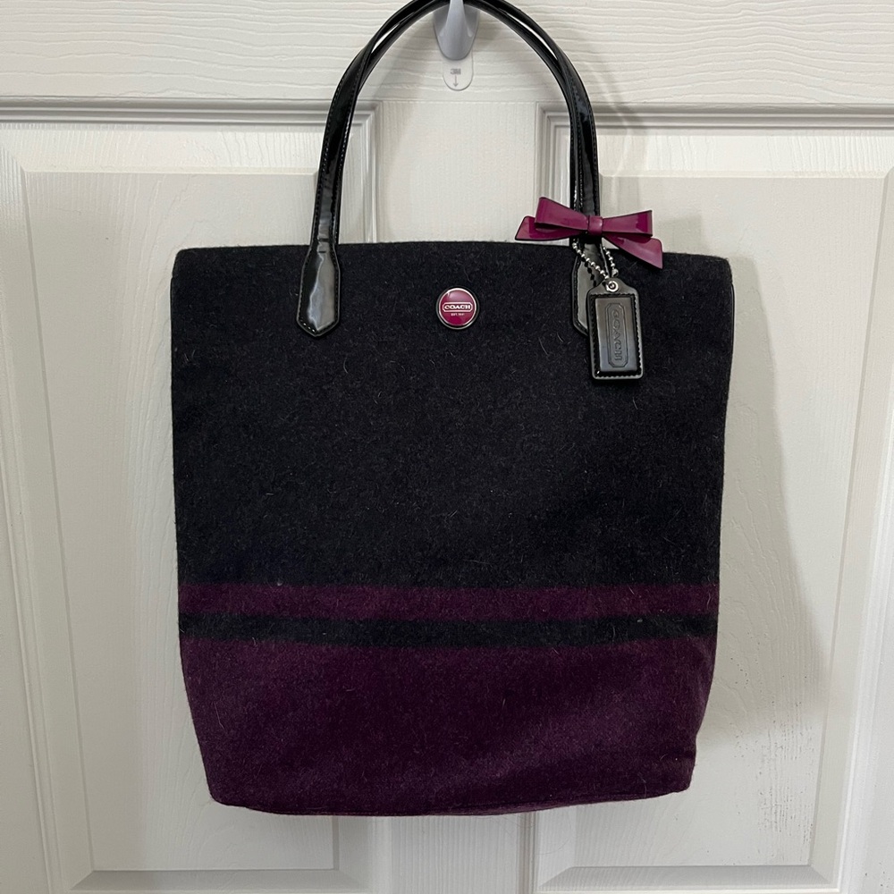 Coach Charcoal and Plum Wool Striped Tote Bag